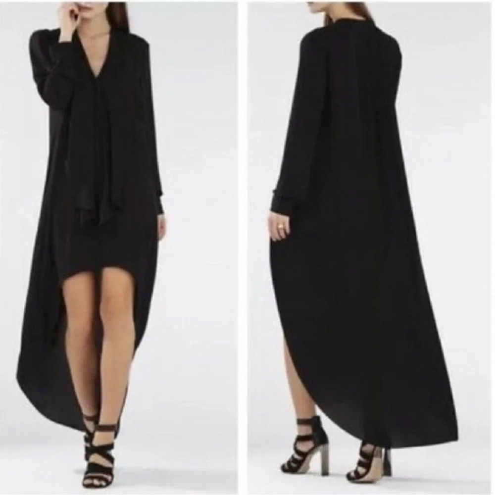 BCBGMAXAZRIA Flowy High Low Ruffle Chiffon Dress in Black, XXS - Picture 1 of 6